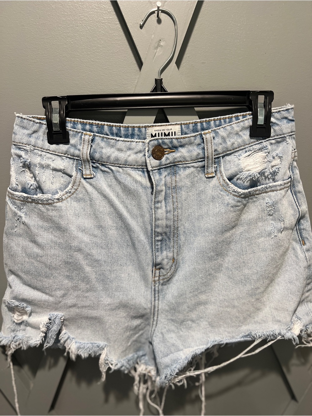 Show Me Your MuMu Light Blue High-Rise Distressed Denim Shorts